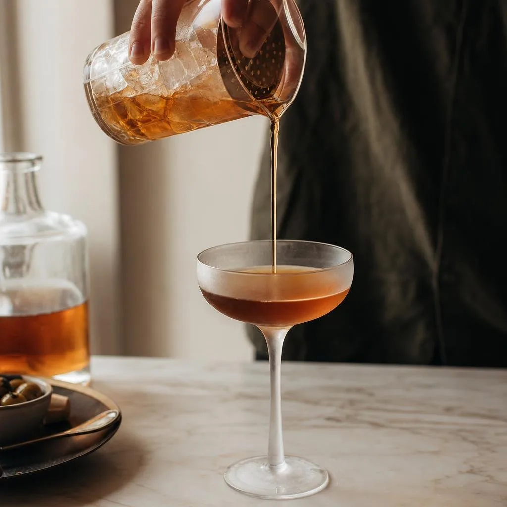 A stirred amber cocktail being strained into a chilled coupe